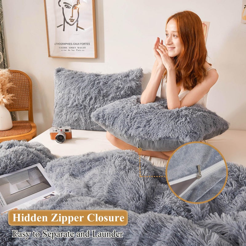 XeGe Faux Fur Throw Pillow Cases, Plush Shaggy Ultra Soft Pillow Covers, Fluffy Crystal Velvet Decorative Pillowcases, Furry Fuzzy Pillow Shams Zipper Closure, Set of 2 (Standard, Light Gray) - Image 3